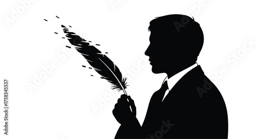Silhouette of a man in a suit holding a quill pen that dissolves into flying insects, symbolizing creativity and ideas taking flight.