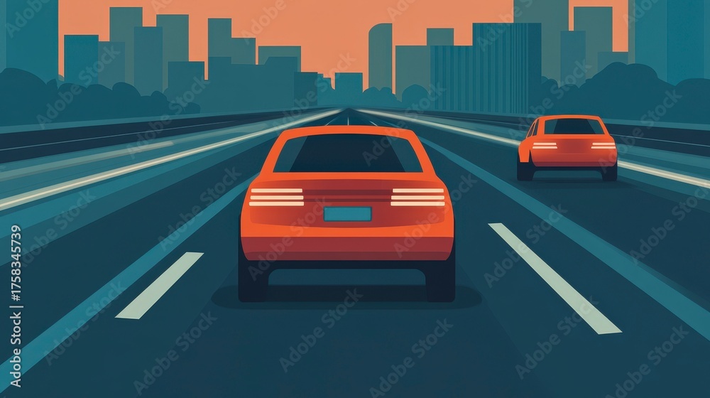 Fototapeta premium Nighttime Scene of Autonomous Vehicles Navigating Urban Roads with City Skyline in Background