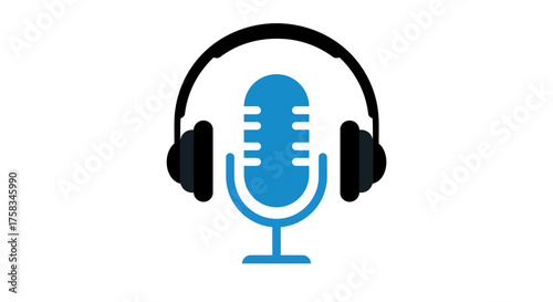 Black headphones surround a blue microphone on a white background