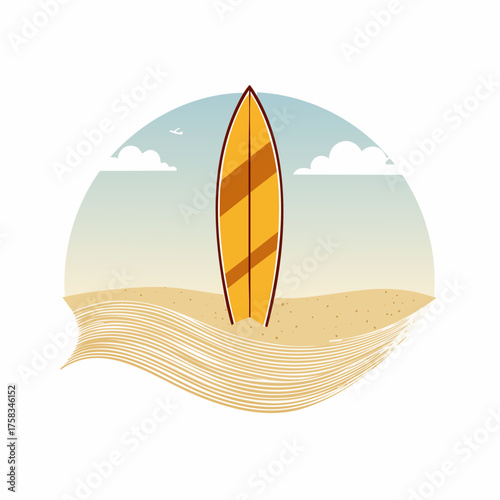 Vector illustration of surfboard on sandy beach with clouds and blue sky