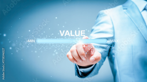 Person adjusting value slider on a digital interface with particles