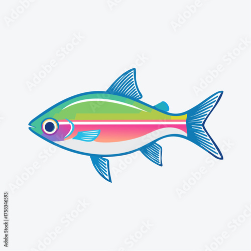 Vibrant Neon Tetra Illustration: A Colorful Aquatic Creature on Plain Background