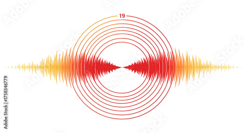 Redorange sound wave rings with number 19 symmetrical noise spikes extend horizontally