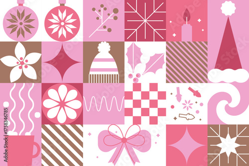 Pale pink Xmas pattern. Vector silhouette geometric Christmas and New Year mosaic design for beauty box, cosmetic advent calendars, cover, festive cards, packaging, banners, seasonal greeting