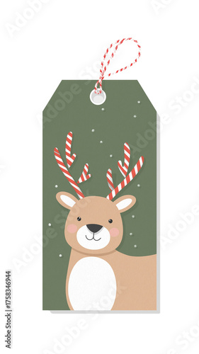 Festive gift tag features smiling reindeer with candy cane antlers against green background, perfect for holiday celebrations