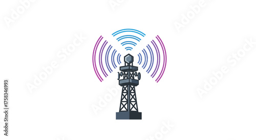 Tower emitting radio waves in shades of blue  purple against a white backdrop
