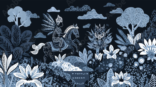 mythological asian prince on horse folk art