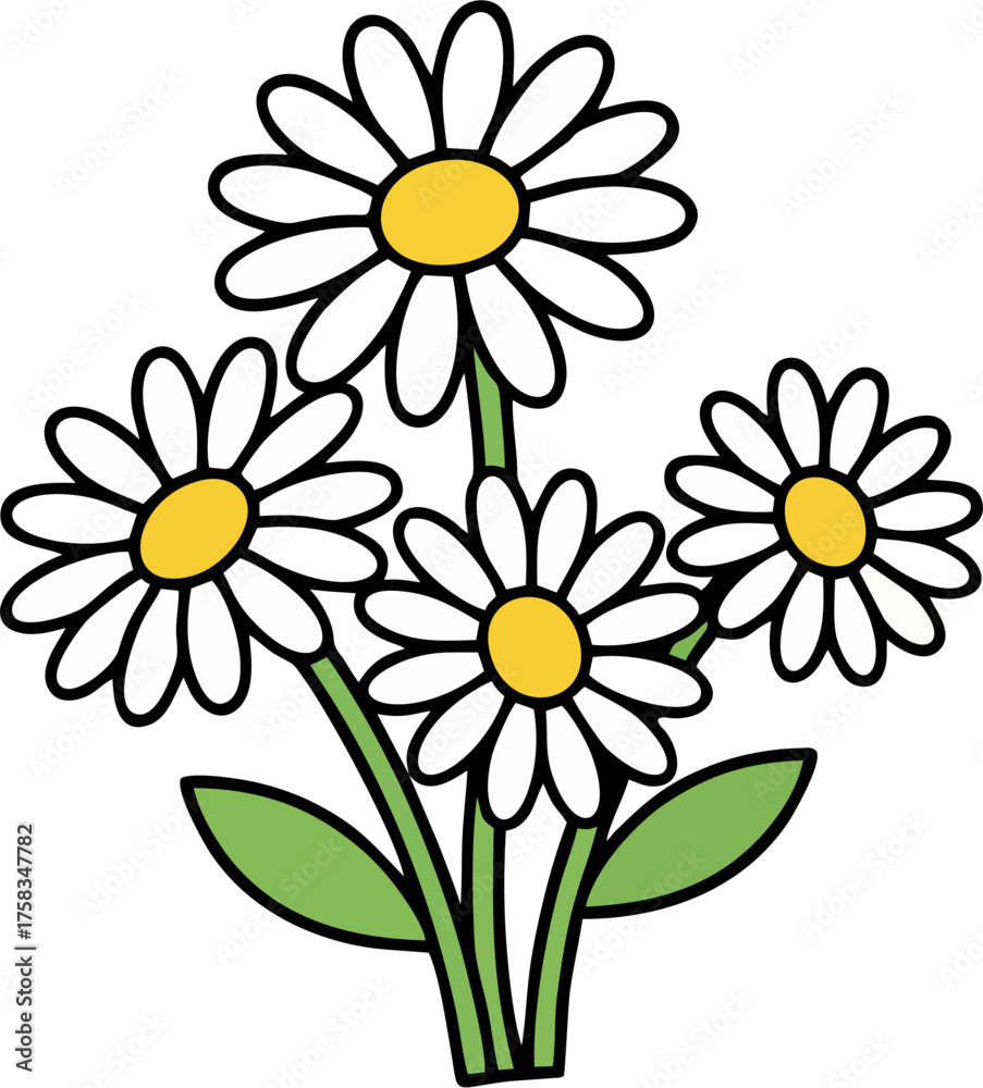 Fototapeta premium Daisy Flower Bouquet Vector, Simple White and Yellow Daisies Cluster with Green Leaves, Flat Cartoon Illustration