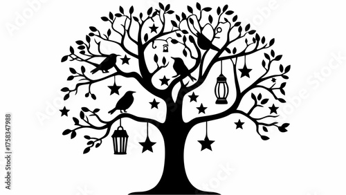 Silhouette of a tree with leaves birds stars and hanging lanterns in a black and white vector illustration