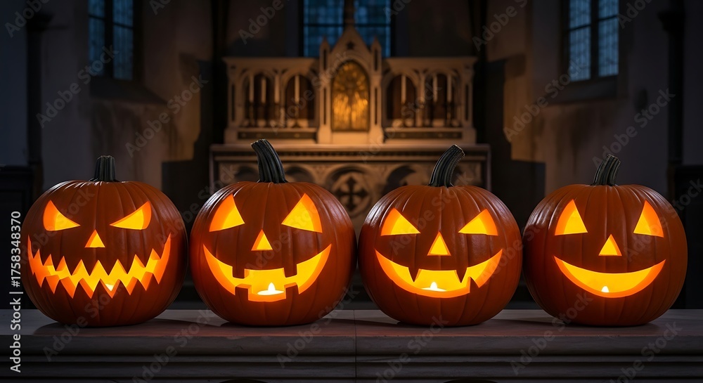 Obraz premium Four carved pumpkins with glowing faces in a church