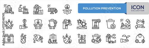 Pollution Prevention Line Icon Collection.  Industrial Waste, Factory, Pollution, Solar Panel, Energy, Green Innovation, Sustainable, Investment, Recycling, Program, Air Pollution, Eco Plant