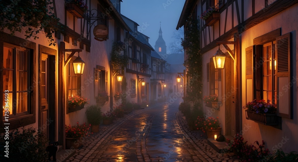 Fototapeta premium Rainy european street at dusk with warm lantern glow