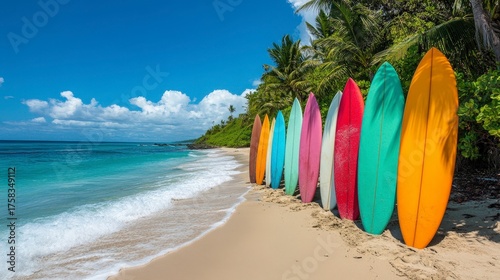 Colorful Surfboards Lined Up on a Pristine Beach Under a Clear Blue Sky with Palm Trees in Background