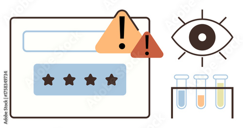 Password entry box with warning markers, eye icon, and test tubes in experiment setup. Ideal for cybersecurity, privacy, data analysis, warnings, research protection safety concepts. Simple flat