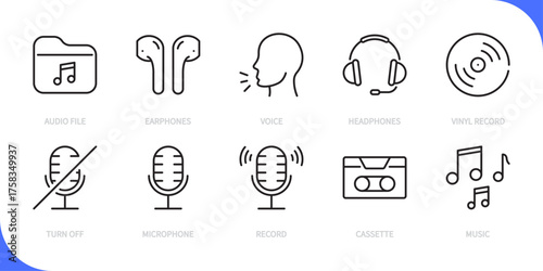 Audio & sound line icon set. Audio file, earphones, voice, headphones, vinyl record, turn off, microphone, record, cassette, music sign. Vector illustration. Editable stroke. Flat design.