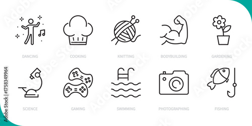 Hobby line icon set. Dancing, cooking, knitting, bodybuilding, gardening, science, gaming, swimming, photographing, fishing sign. Vector illustration. Editable stroke. Flat design.