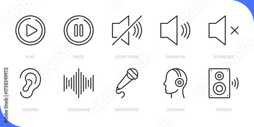 Audio & sound line icon set. Play, pause, silent mode,sound on, sound off, hearing, soundwave, microphone, listening, speaker sign. Vector illustration. Editable stroke. Flat design.
