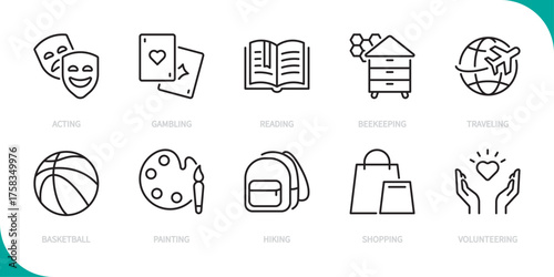 Hobby line icon set. Acting, gambling, reading, beekeeping, traveling, basketball, painting, hiking, shopping, volunteering sign. Vector illustration. Editable stroke. Flat design.