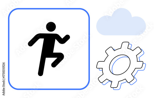 Human figure running within a square, cloud shape, and gear outline. Ideal for teamwork, progress, efficiency, innovation, digital transformation problem-solving and business development. A simple
