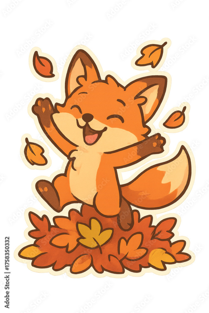 Obraz premium Happy fox jumping on autumn leaves with transparent background