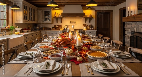 A thanksgiving feast set on a long table in a rustic kitchen with a turkey and many side dishes