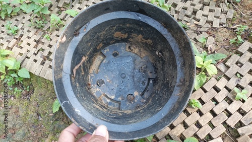 Black plastic flower pot used for planting.