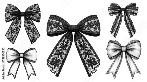Delicate black bows, rendered in exquisite detail, suggest mystery and sophistication, ideal for gothic aesthetics, fashion illustrations, or a touch of refined darkness.