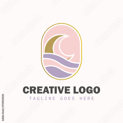 Elegant beauty and wellness logo with curved geometric shapes inside an oval in pastel pink, purple, and muted gold