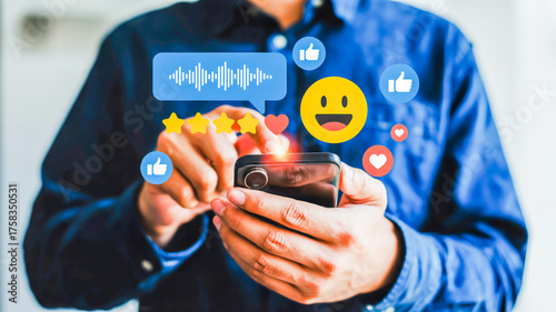 Person using smartphone with social media icons and emojis