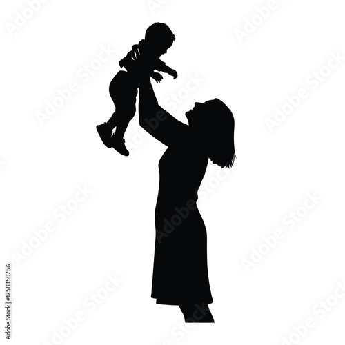 Silhouette of a woman holding a baby up in the air with a white background and dark figures