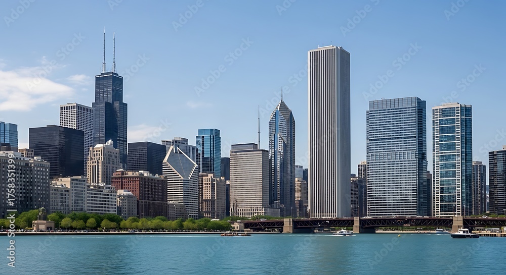 Naklejka premium Iconic chicago skyline with towering skyscrapers and the blue waters of lake michigan on a clear day