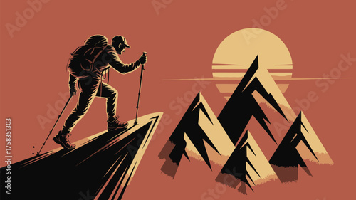A silhouette of a hiker with a backpack climbing a mountain at sunset with trekking poles visible