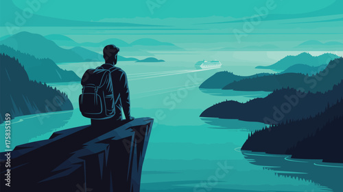 A man with a backpack sits on a cliff overlooking a body of water with mountains and a cruise ship