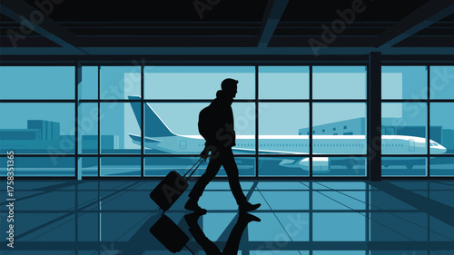 Silhouette of traveler with luggage walking in airport terminal with airplane in the background view out window