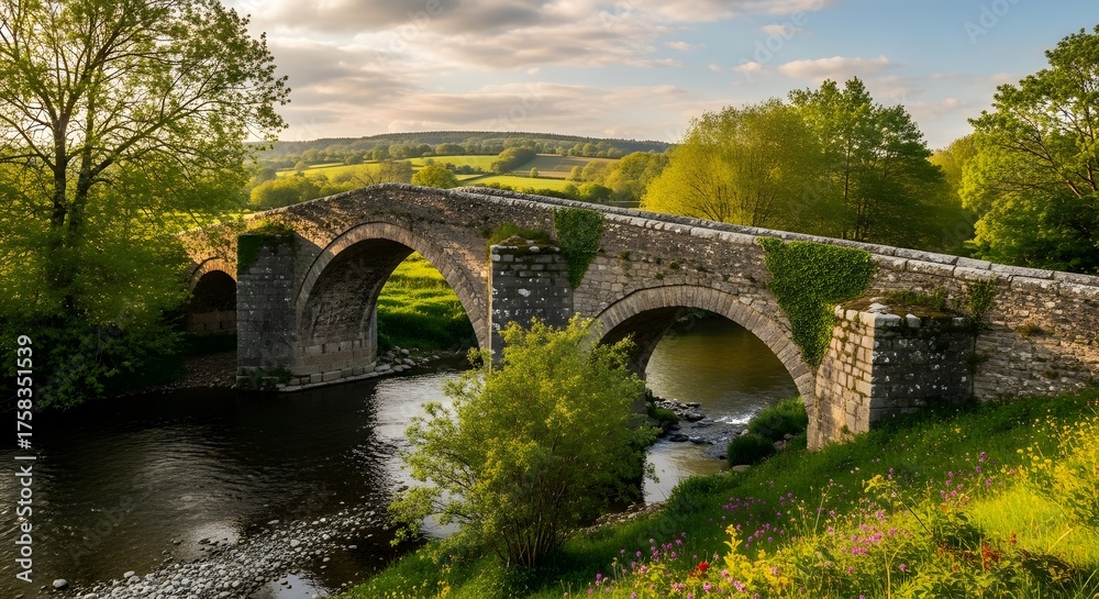 Fototapeta premium Historic stone bridge arches over a flowing river amidst lush greenery