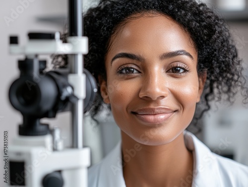 Happy African American woman during eye exam in medical office