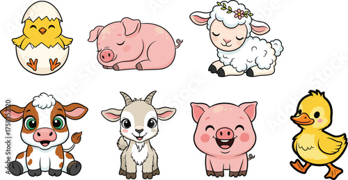Cute Baby Farm Animals Vector Set: Cartoon Chick, Pig, Lamb, Calf, and Duckling Collection.