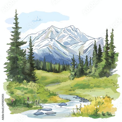 Denali National Park. Denali National Park hand drawn watercolor illustration