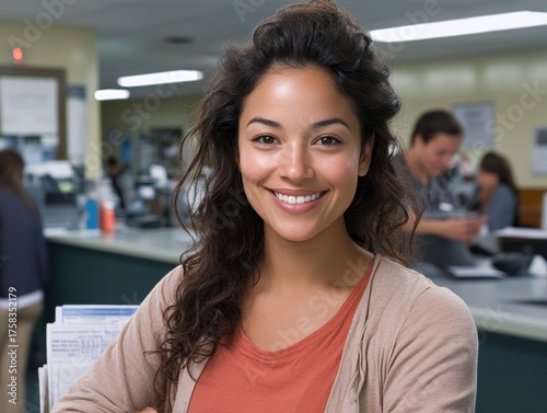 Happy Hispanic woman holding papers in office during daytime