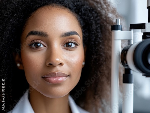 Young African woman undergoing eye exam in medical office
