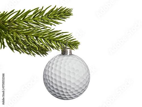 Canvastavla Golf ball hanging from a fir tree branch isolated on white or transparent backgr