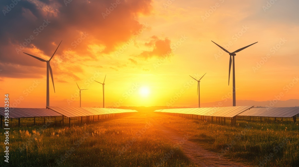 Obraz premium Golden sunset over hybrid renewable energy farm with wind turbines and solar panels.