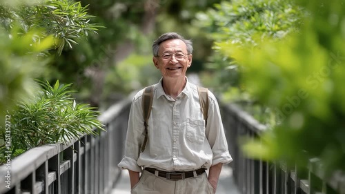 Elderly Man Smiling on Bridge Enjoying Nature's Beauty