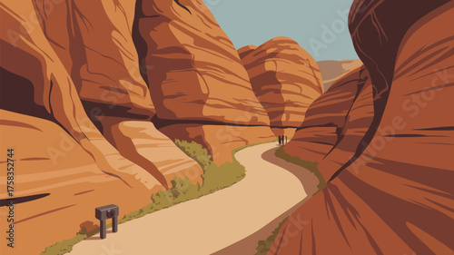 A winding path through a canyon with sandstone cliffs and two distant figures on the trail ahead view