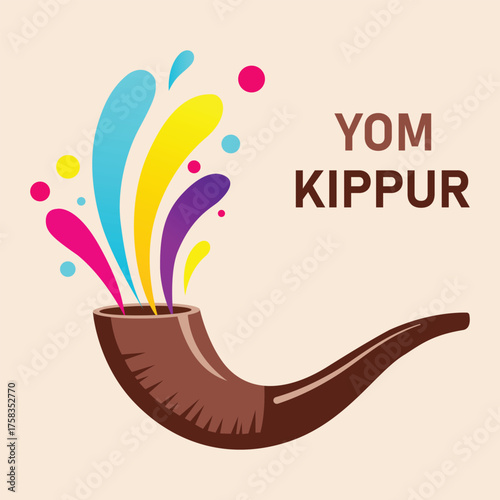 Vector art of yom kippur shofar blowing with colorful abstract explosion and text