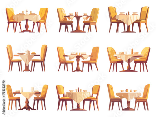 set of cartoon restaurant tables with chairs, vector illustration