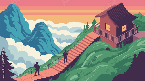 Illustration of hikers ascending stairs to a house on a hill with mountains in the background view