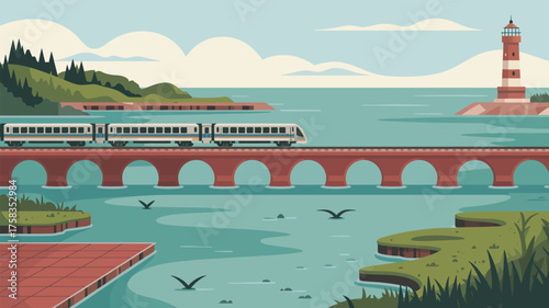 A train crossing a bridge over water with a lighthouse and green landscape in the background view scene