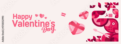 Valentine's day banner with cheerful ornaments. Floating hearts, love messages, gift boxes, cupid's arrows and romantic decorations for seasonal shopping, valentine's day sales, discount promotions