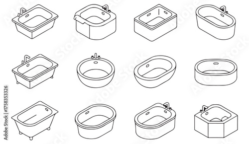 Outline design icons featuring various bathtub shapes and modern bathroom fixtures for home interior visuals